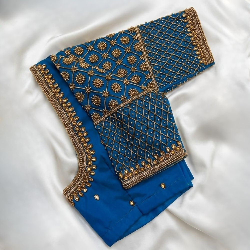 Teal Blue Aari Work Blouse