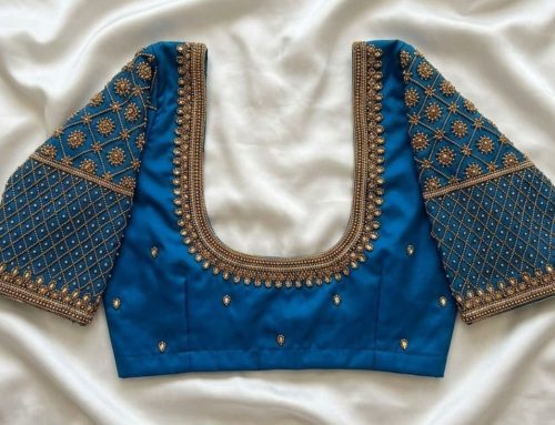 Teal Blue Aari Work Blouse with Lattice Sleeves and U Shape Back Neck