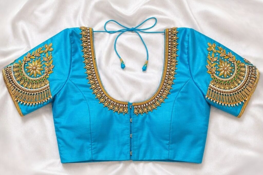 Sky Blue Aari Work Blouse Designs