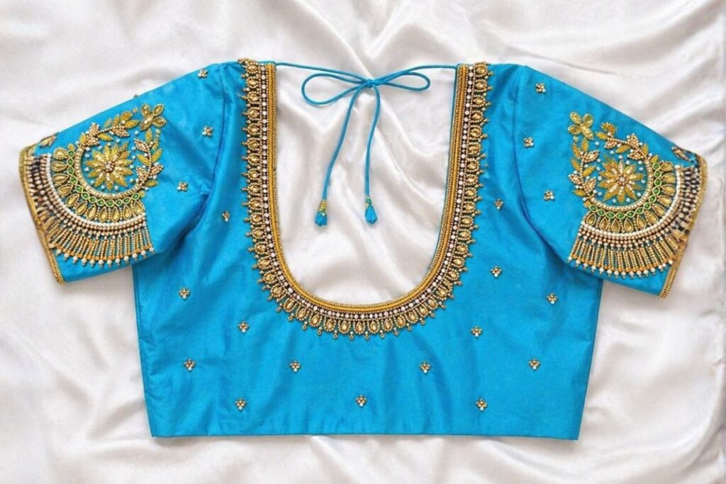 Sky Blue Aari Work Blouse Designs