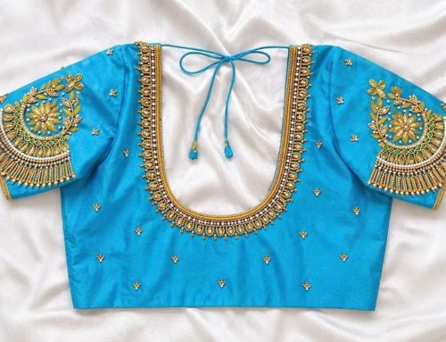 Sky Blue Aari Work Blouse with Floral Sleeves and Deep U Shape Back Neck