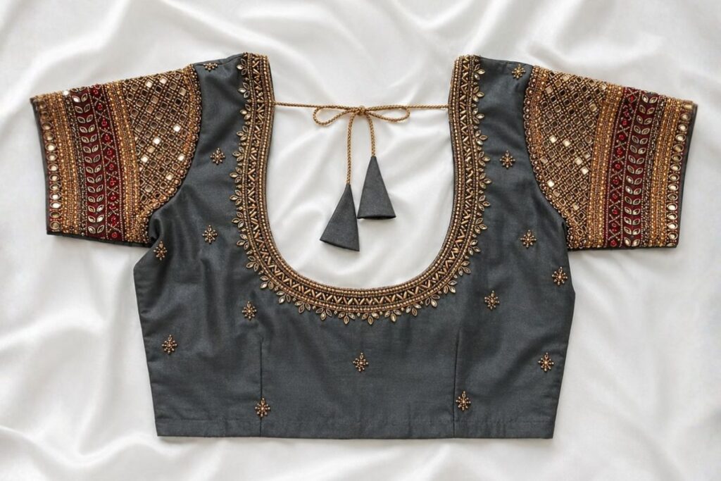 Trendy Grey Aari Work Blouse