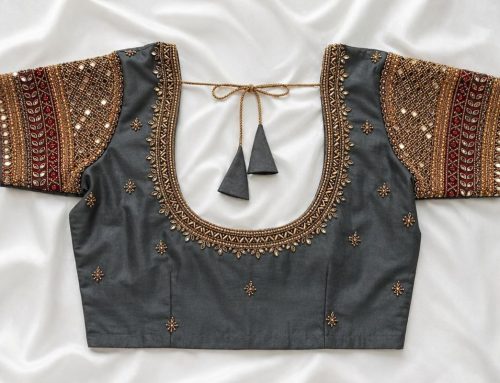 Trendy Grey Aari Work Blouse with Lattice Sleeves and Gold Embroidery Finish