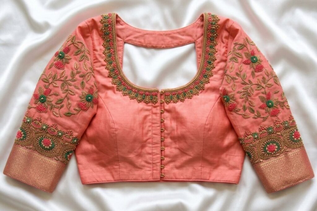 Coral Pink Bridal Aari Work Blouse
