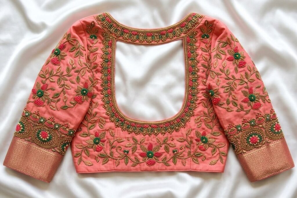 Coral Pink Bridal Aari Work Blouse