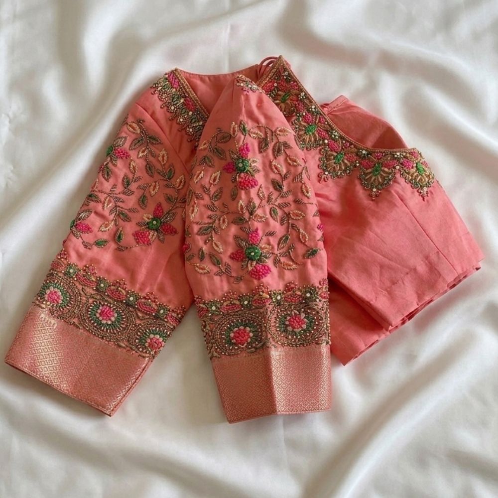 Coral Pink Bridal Aari Work Blouse