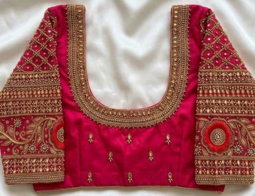 Rani Pink Aari Work Blouse with Gold Zari and Deep U Shape Back Neck