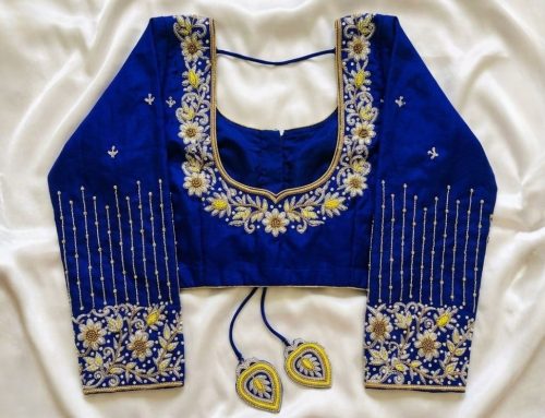Blue Aari Work Blouse with Floral Patterns and 3/4 Sleeve Design