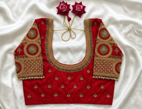 Red Aari Work Blouse with Gold Zari, Green Stones and Deep U Shape Back Neck Design