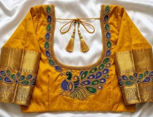 Mustard Yellow Aari Work Blouse Peacock Design with Dori Tassels and U Shape Back Neck