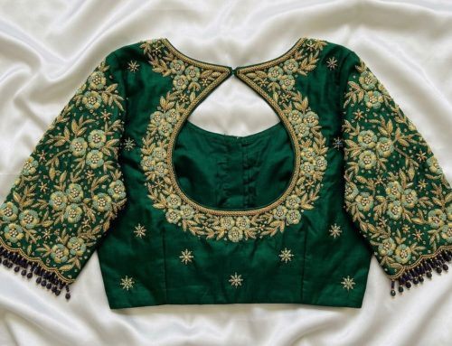 Trendy Emerald Green Aari Work Blouse with Floral Design and U Shape Keyhole Back Neck