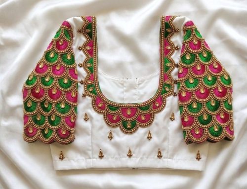 Designer Aari Work Blouse with Pink Green Pattern and U Shape Back Neck