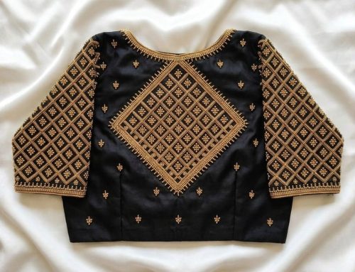 Black Aari Work Blouse with Gold Grid Pattern and Round Back Neck with Diamond Design