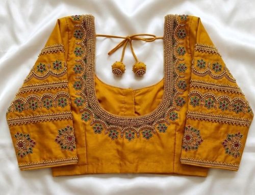 Mustard Aari Work Blouse with Floral Sleeves and U Shape Back Neck
