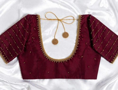 Premium Maroon Aari Work Blouse with Fine Gold Beads and Designer Sleeve Pattern