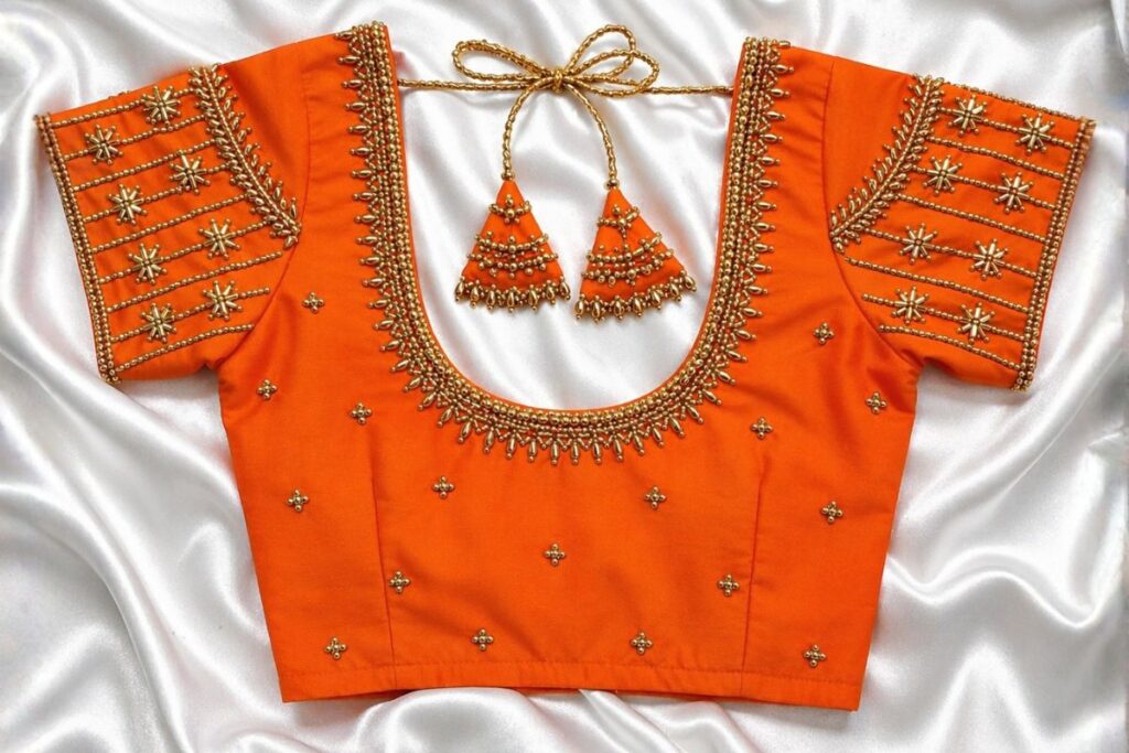 orange Aari work blouse Front Neck