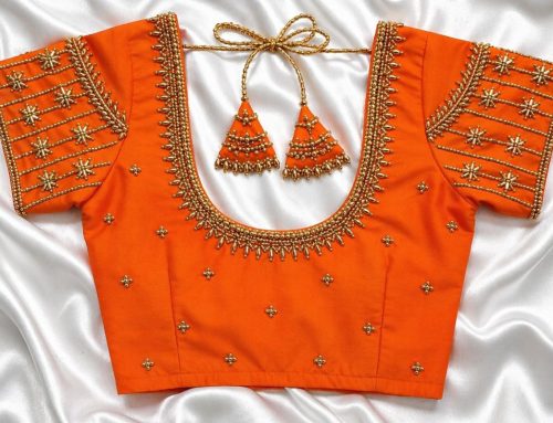 Classy Orange Aari Work Blouse with Skill Cloth, Gold Bead Work and Star Pattern Sleeves