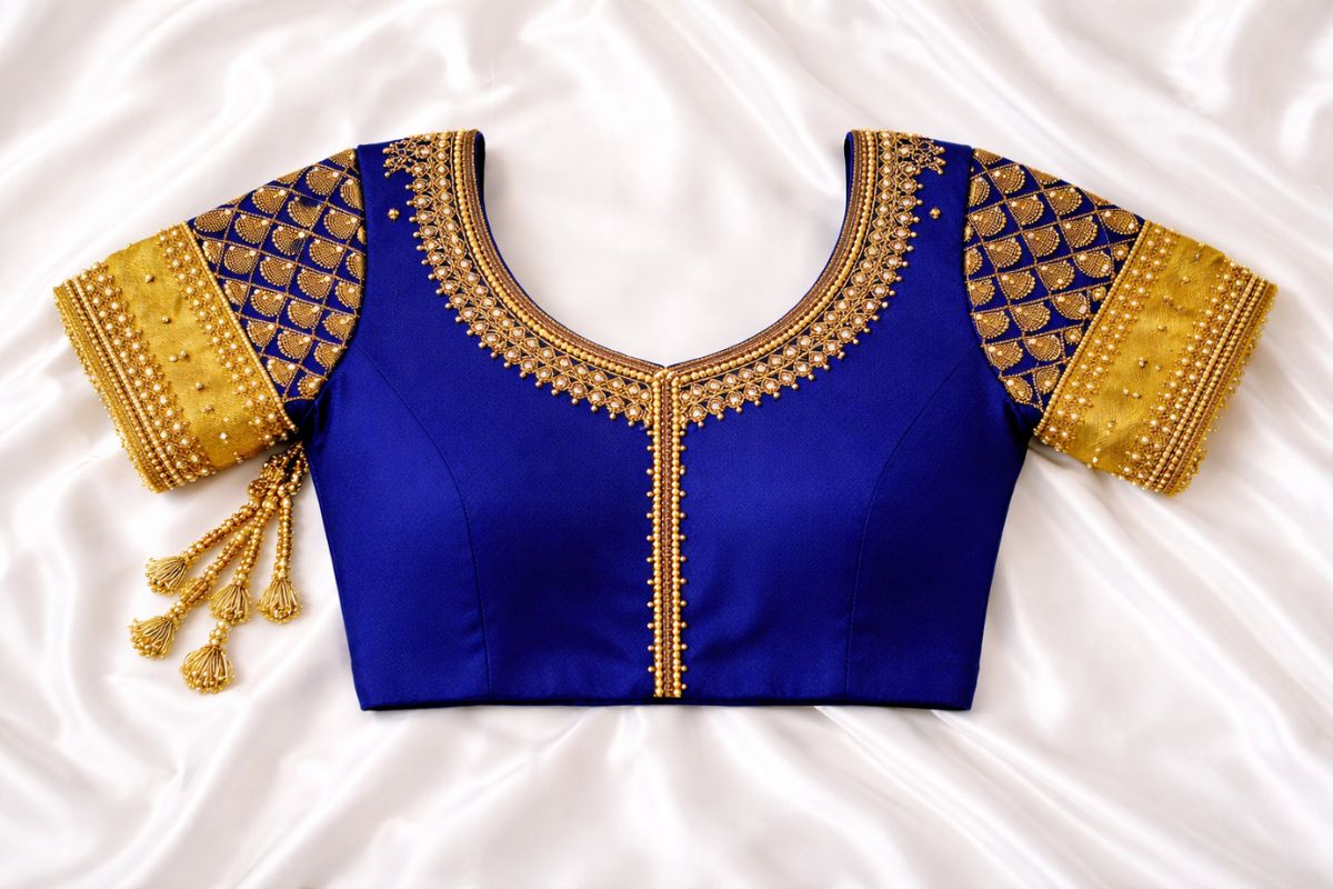 Blue Aari Work Blouse Front Neck