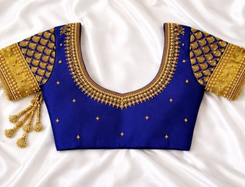 Attractive Blue Aari Work Blouse with Gold Beads, Lattice Sleeve Design and Neat Pattern, V Shape Back Neck