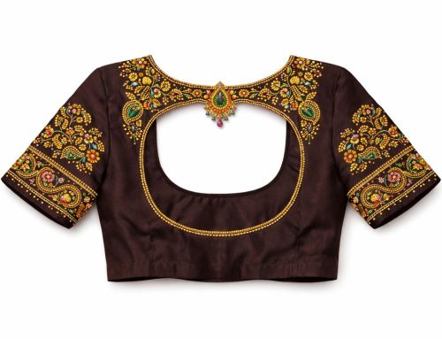Chic Brown Dual-Side Aari Work Blouse with Beadwork and Statement Stone Pendant Detail