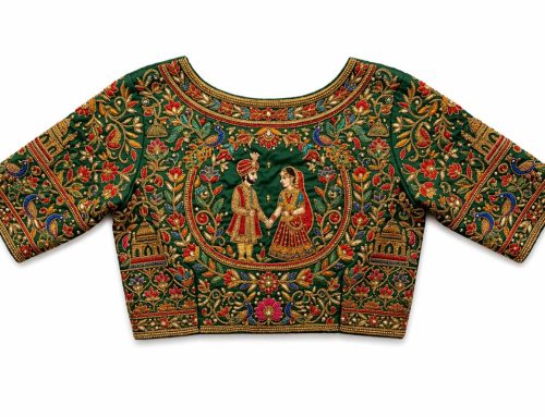 Elegant Green Bridal Aari Work Blouse with Royal Wedding Couple Design and Heavy Embroidery | Boat Back Neck