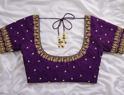 Purple Aari Work Blouse Designs with Elegant Traditional Work | U Shape Back Neck | Floral Sleeve Design | Zardosi Work