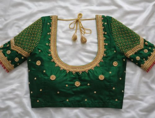 Elegant Green Aari Work Blouse with Floral Buttas, Lattice Pattern and Designer Tassels