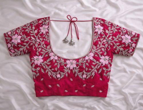 Traditional Pink Aari Work Blouse with Heavy Floral Design and Soft Silver Work