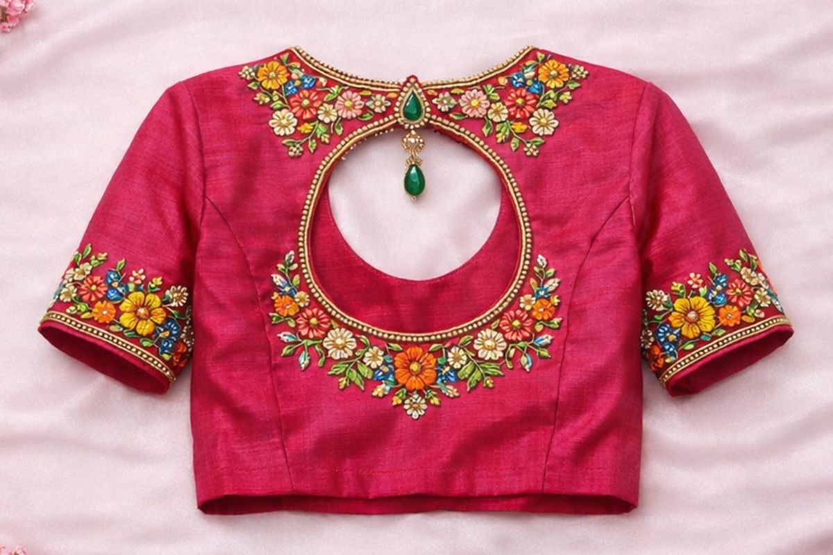 Keyhole Back Neck Aari Work Blouse Designs