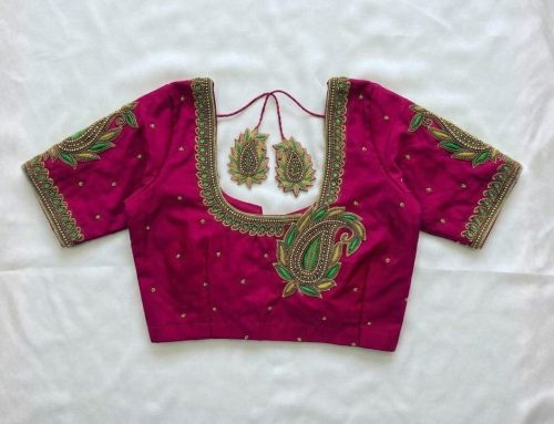 Designer Pink Aari Work Blouse with Mango Motif and U Shape Back Neck Design