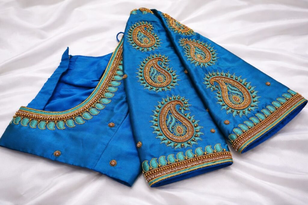 Blue Aari Work Blouse, sleeve designs 