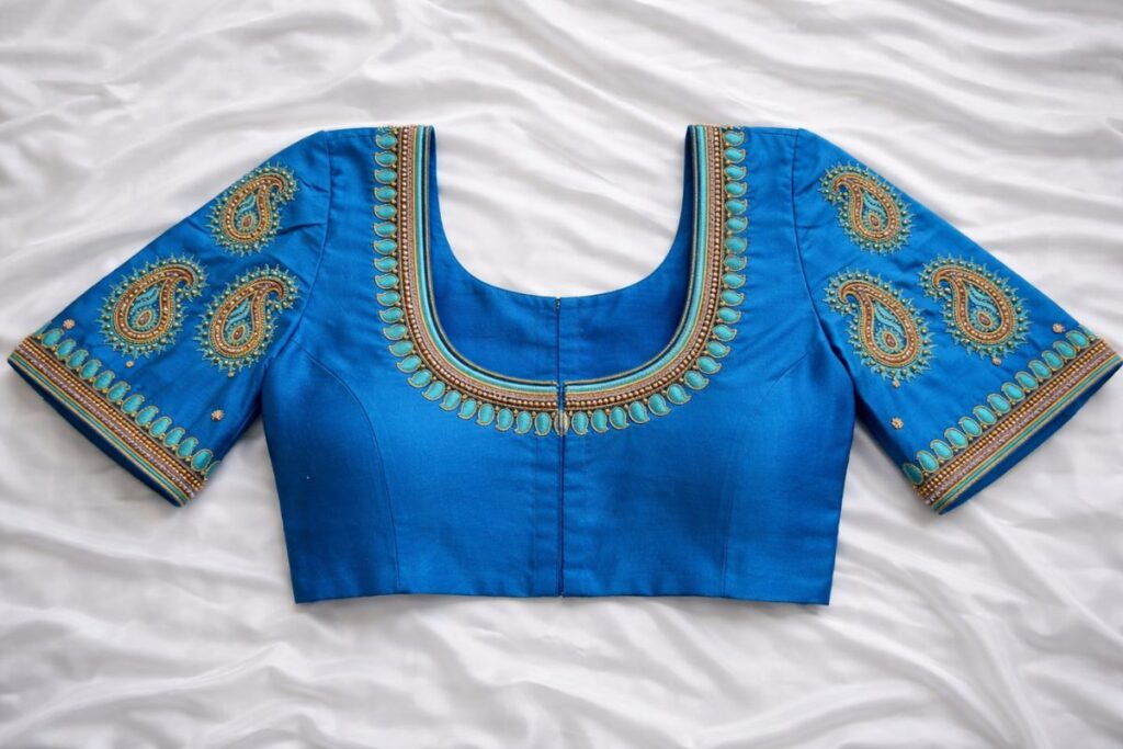Blue Aari Work Blouse front neck