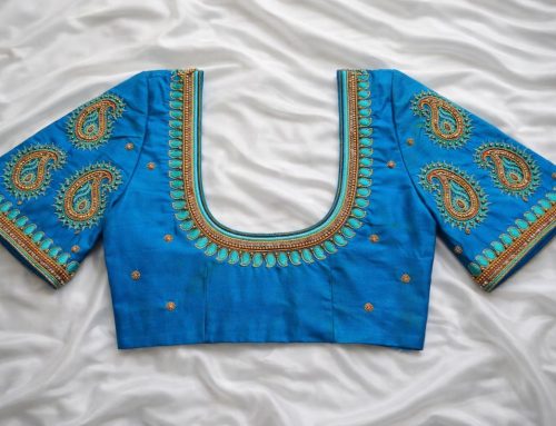 Blue Aari Work Blouse Style Created with Mango Pattern and Fine Thread and Beads Work | U Shape Back Neck