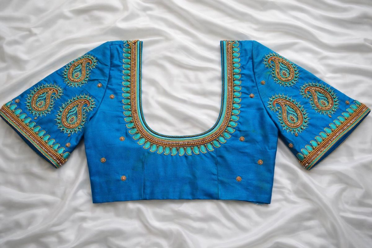 Blue Aari Work Blouse with Mango Pattern