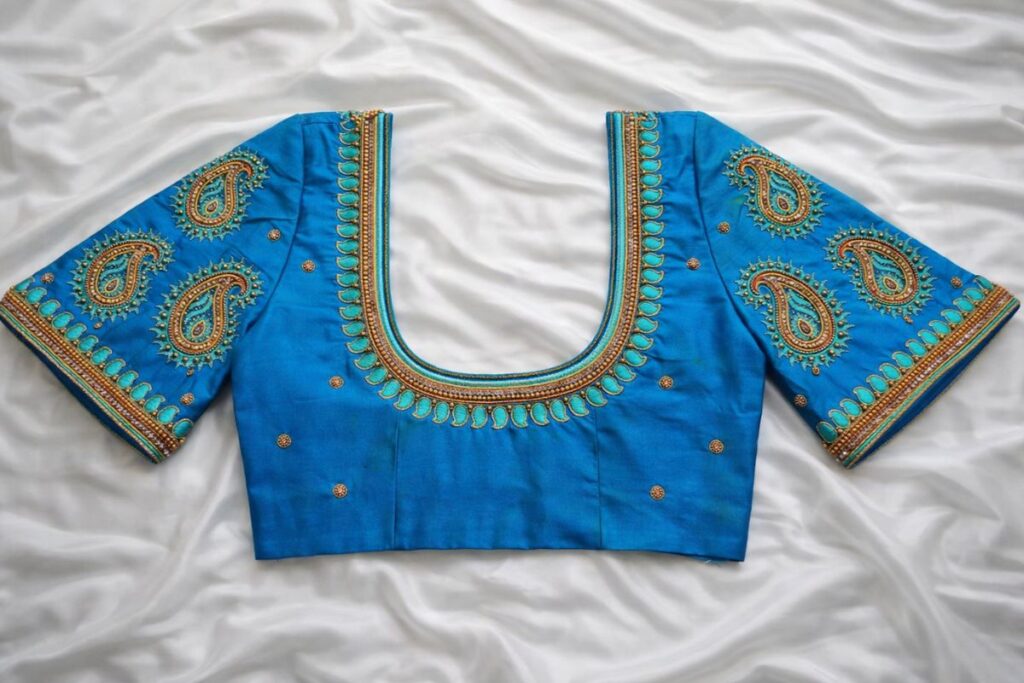 Blue Aari Work Blouse Style Created with Mango Pattern
