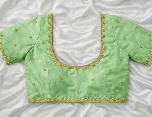 Soft Pastel Green Aari Work Blouse with Gold Bead Work and U Shape Back Neck Design