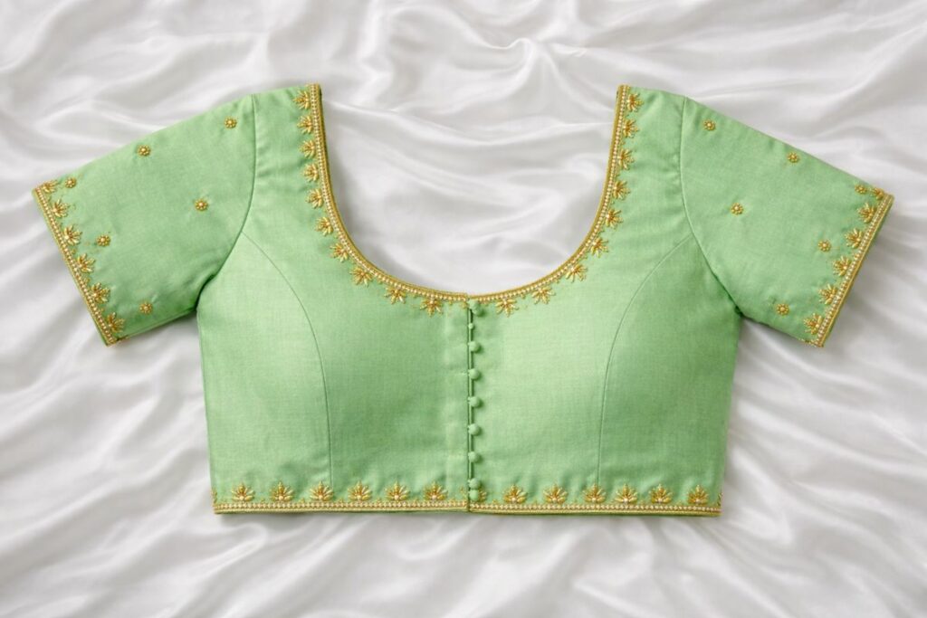 Green Aari Work Blouse front neck
