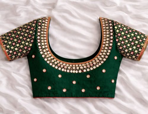 Trendy Green Aari Work Blouse with Mirror Pattern Sleeves and Rich Neck Border
