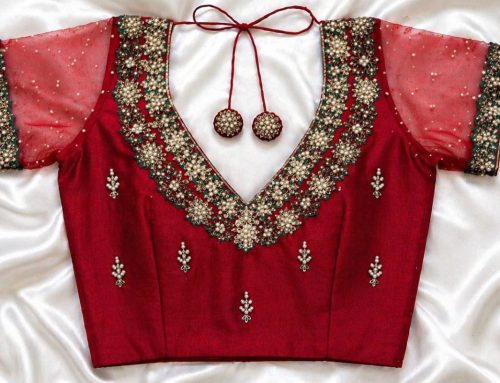Stunning Red Aari Work Blouse with Heavy Stone Work and Deep V Back Neck Design