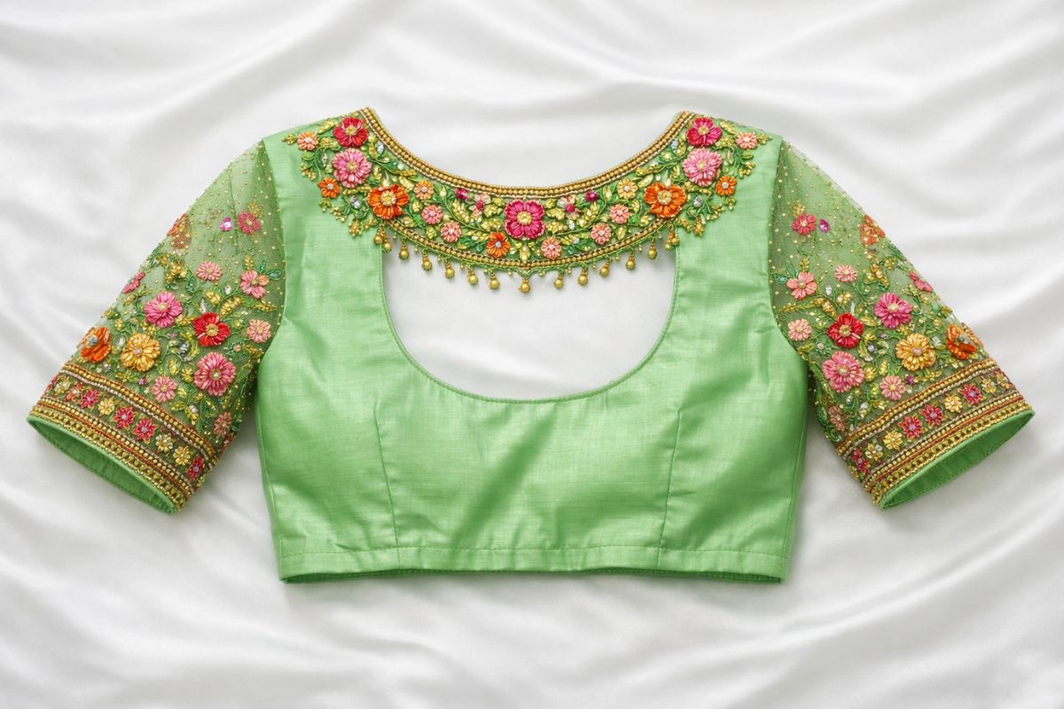 Net Sleeve Aari Blouse Designs