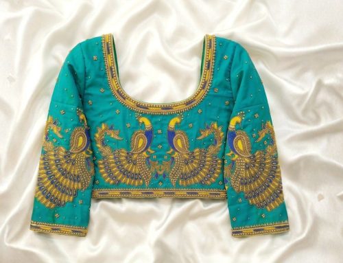 Stunning Teal Green Aari Work Blouse with Peacock Work and Stylish U Shape Back Neck