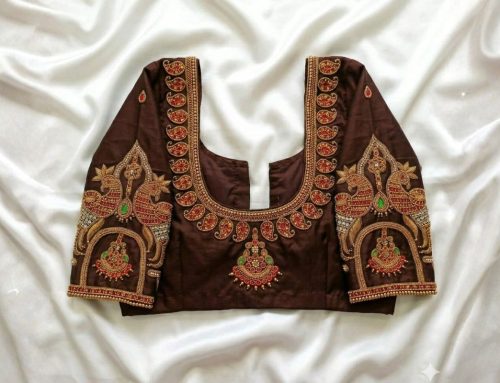 Stunning Chocolate Brown Designer Aari Work Blouse with Rich Maggam Work and Stone Details