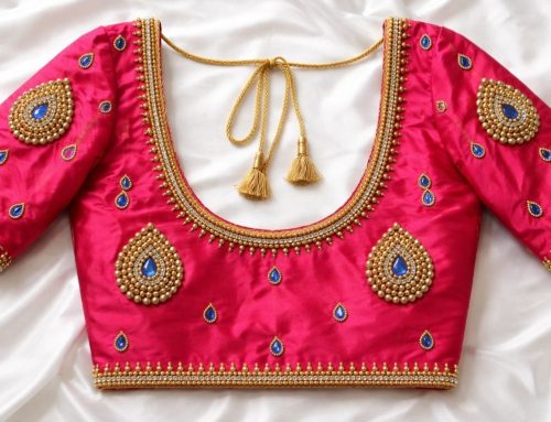 Beautiful Pink Silk Aari Blouse with Gold Beads Work Blouse Designs, Paisley Design and U Shape Back Neck