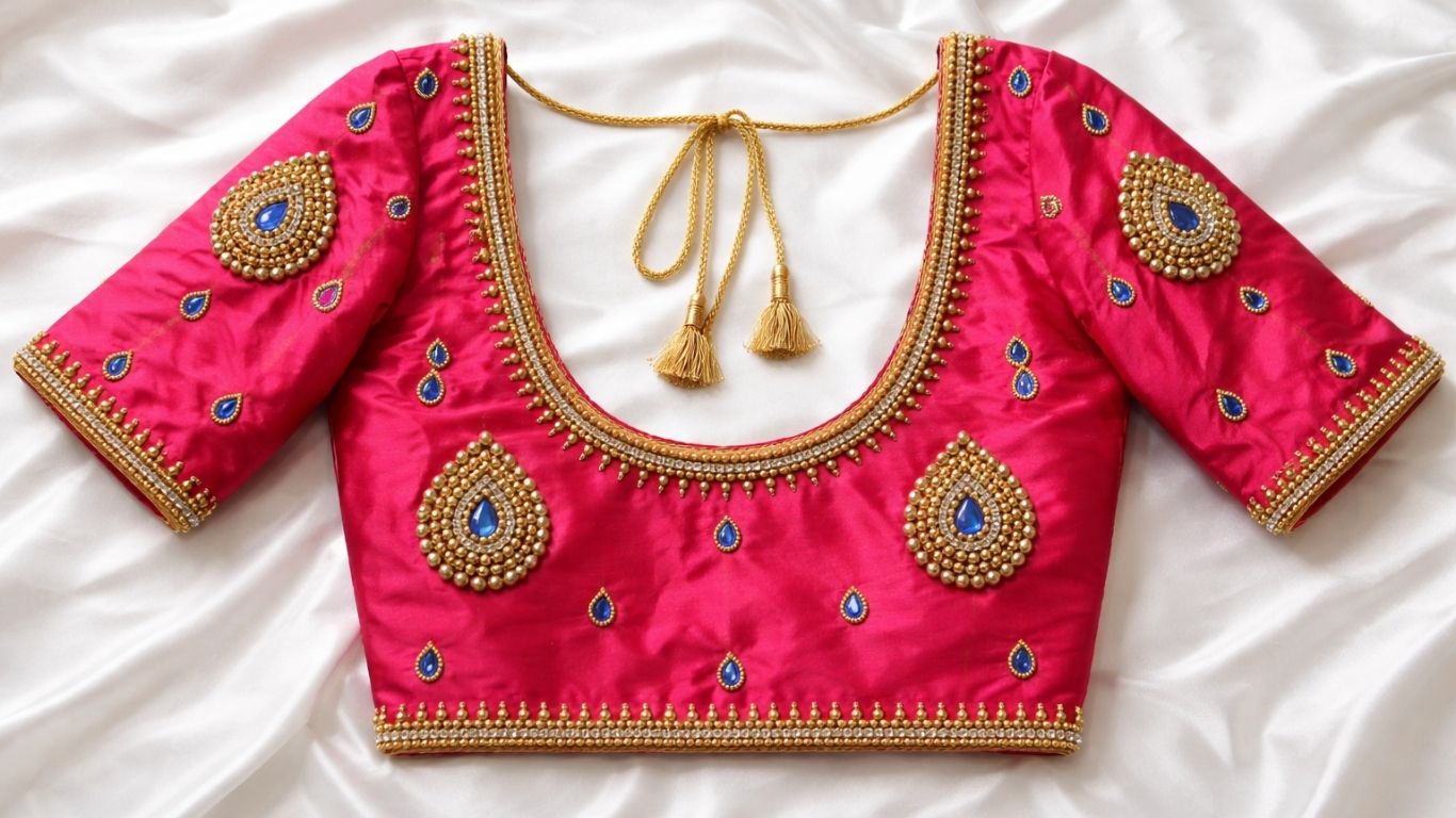 Pink Silk Blouse with Gold Bead Work Back Neck