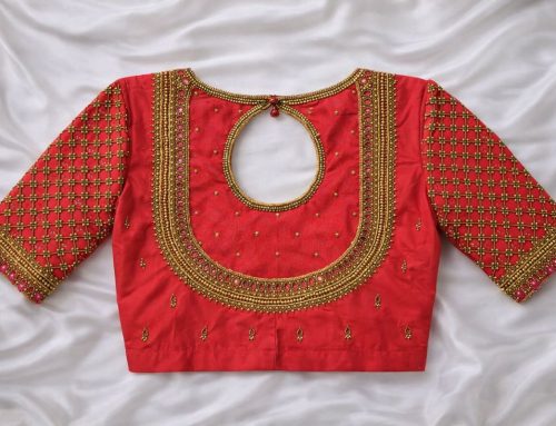 Beautiful Red Silk Aari Work Blouse with Checked Sleeve Design and Gold Bead Grand Work | Keyhole Back Neck