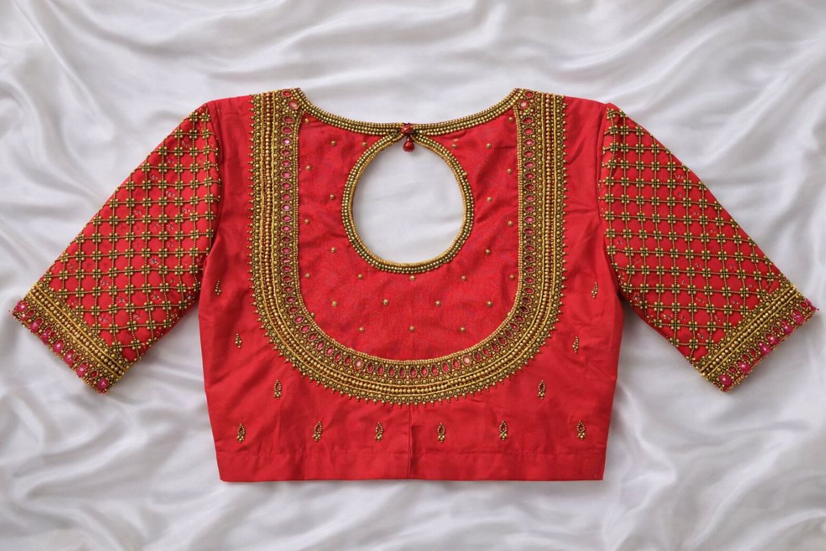 Red Silk Aari Work Blouse Back Neck