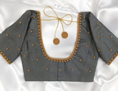 Beautiful Grey Aari Work Blouse with Gold Bead Work and Deep U Back Neck