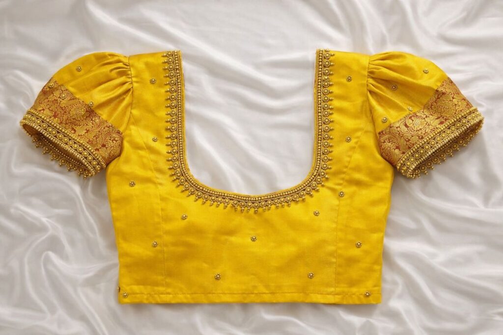 Yellow Aari Work Blouse with Puff Sleeve