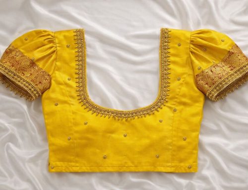 Yellow Aari Work Blouse with Square Back Neck, Puff Sleeves and Simple Bead Design