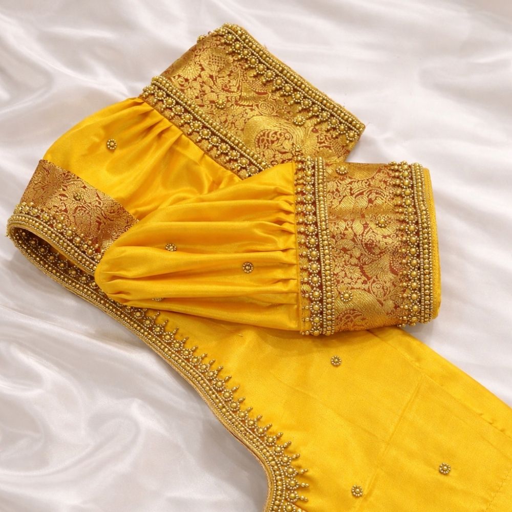 Yellow Aari Work Blouse with Puff Sleeve